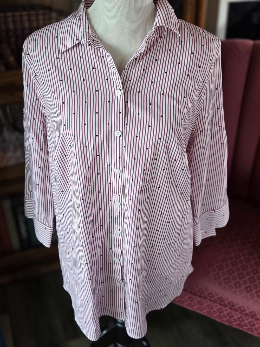 Chico's No-Iron Striped Polka Dot Button Down Shirt coastal chic classic cotton